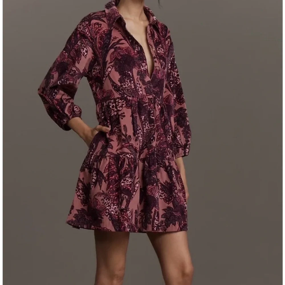 Anthropologie The Bettina Corduroy Tiered Mini Shirt Dress by Maeve. Size M - Picture 3 of 11